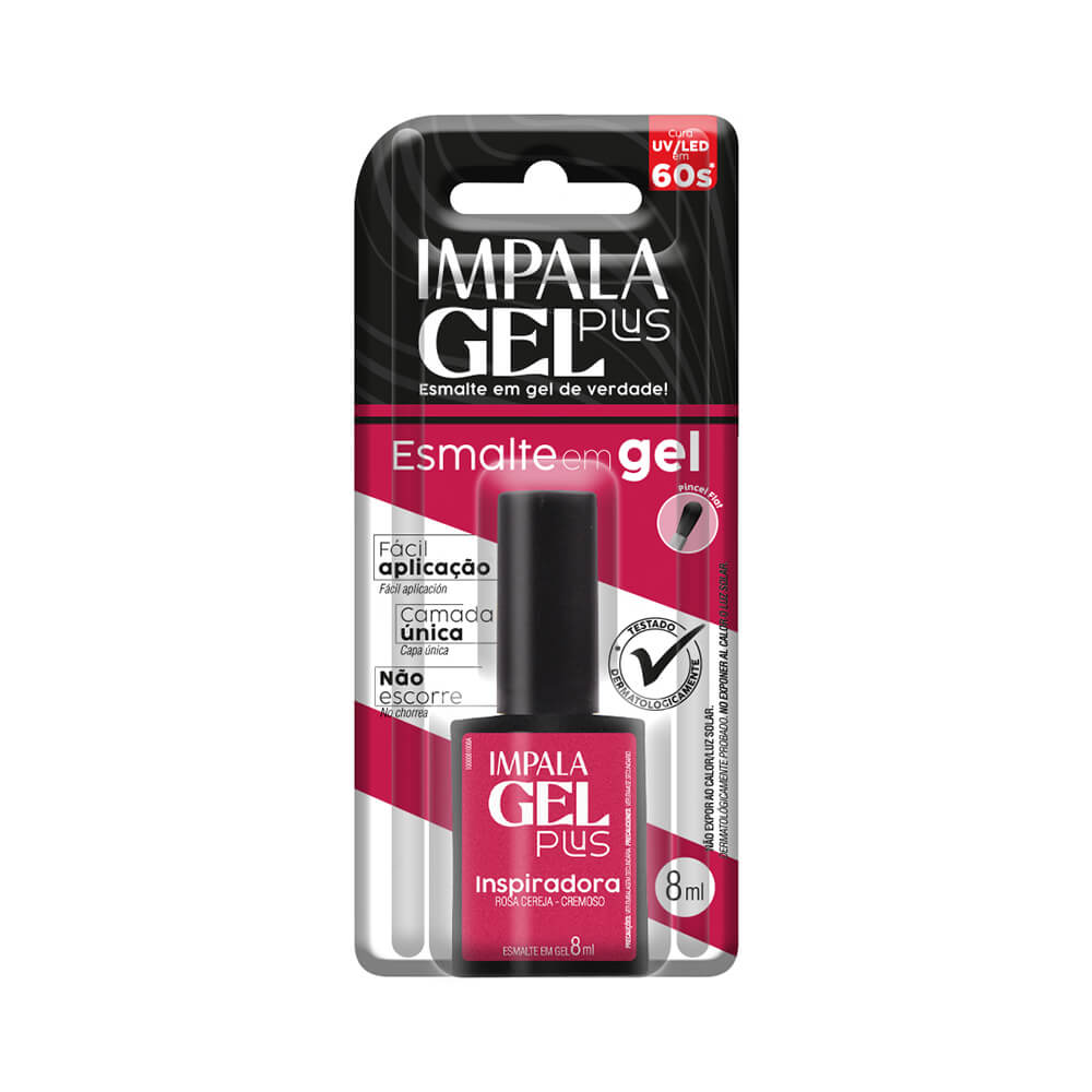 Embalagem do Esmalte Impala Gel Plus destacando pincel flat e secagem rápida