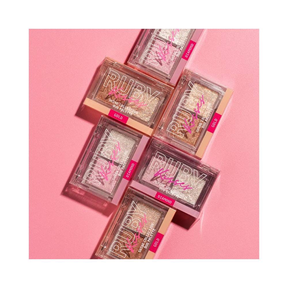 Múltiplas paletas Ruby Kisses Duo Shine Collection mostrando variações e acabamento
