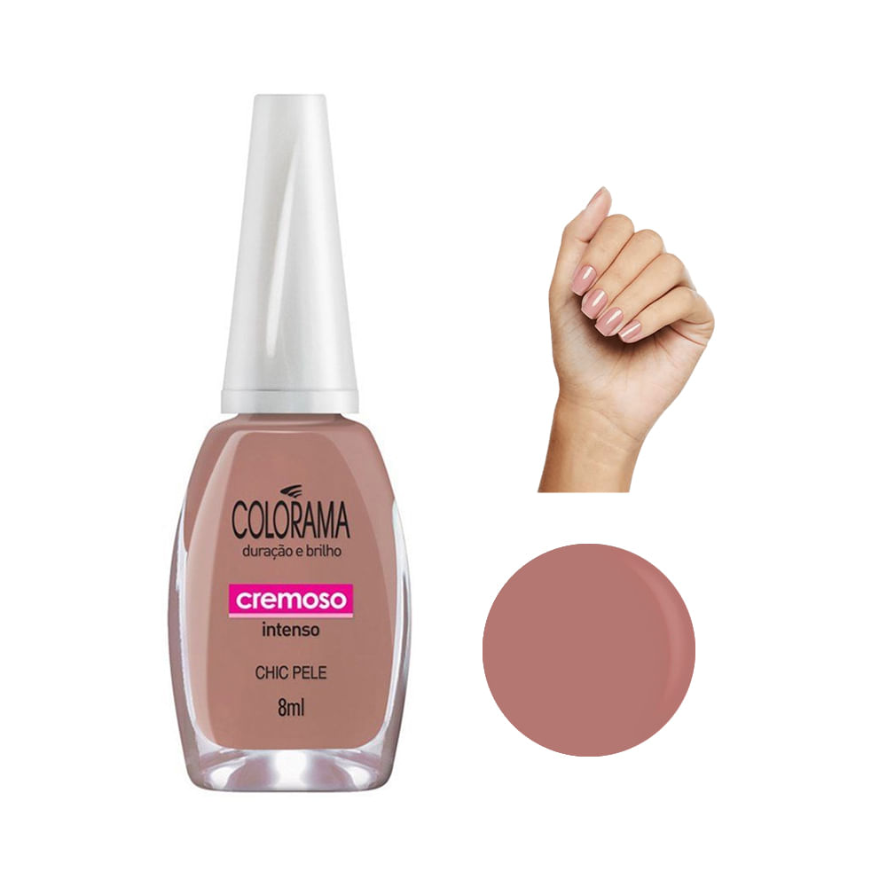 Frasco de esmalte Colorama Cremoso Chic Bege com mão exibindo unhas pintadas