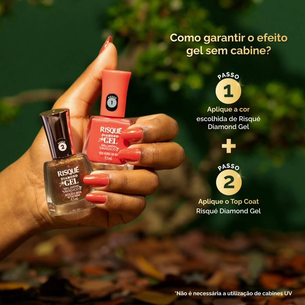 Mão segurando frascos da coleção Meu Jardim Mágico mostrando aplicação e efeito gel