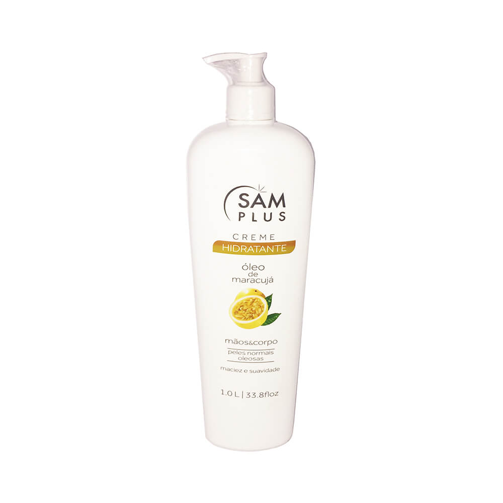 Creme Hidratante Samplus Maracujá 1000ml - embalagem frontal com pump, mostrando maracujá