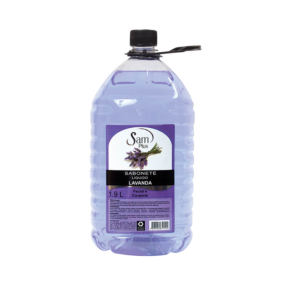 Frasco 1,9L do Sabonete Líquido Samplus Lavanda, rótulo roxo e tampa preta