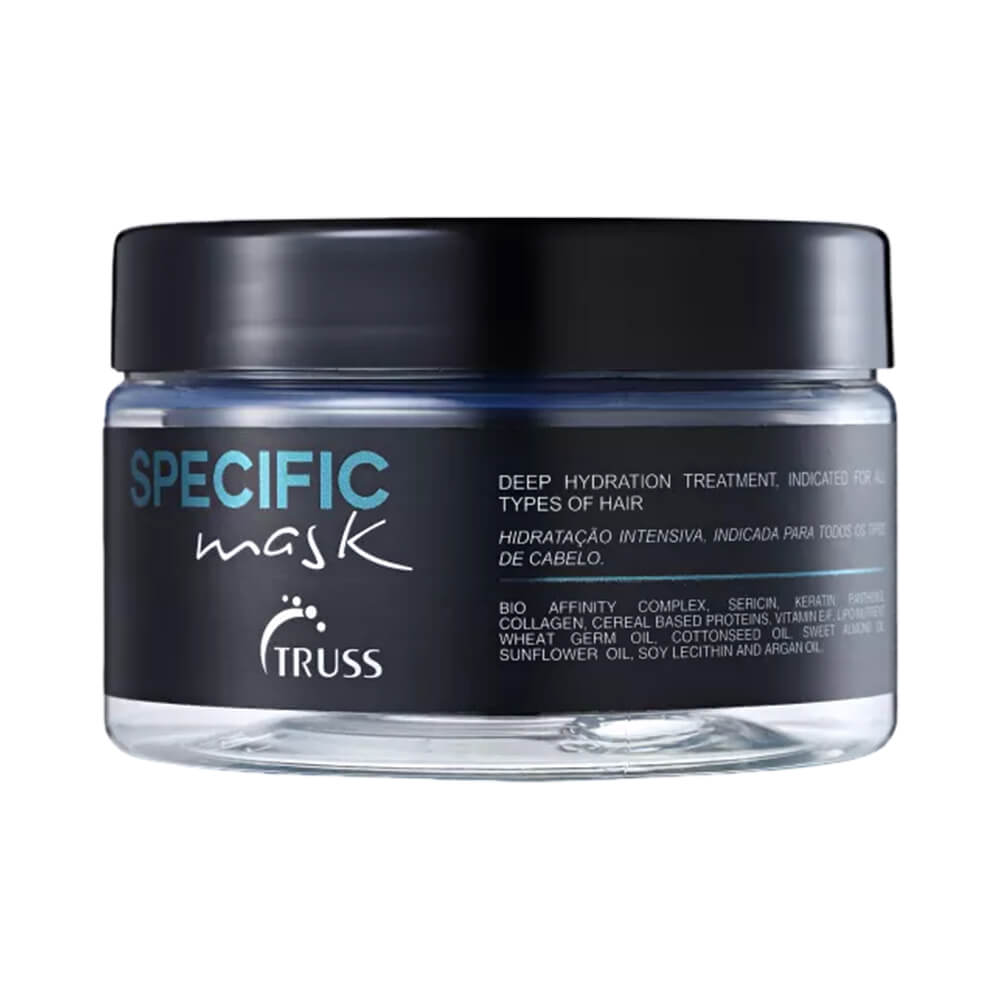 Máscara Truss Specific 180g - embalagem frontal preta com detalhes em azul