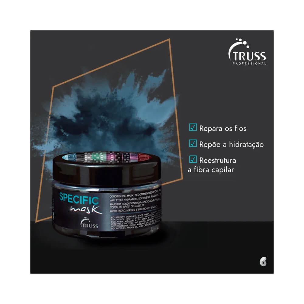 Máscara Truss Specific 180g em fundo preto com destaque para benefícios