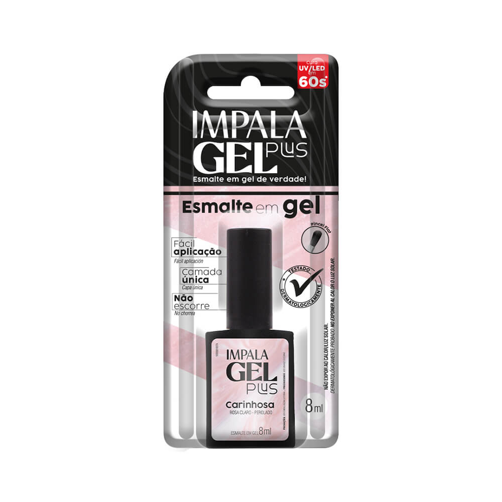 Embalagem do esmalte Impala Gel Plus Carinhosa com destaque para pincel e secagem