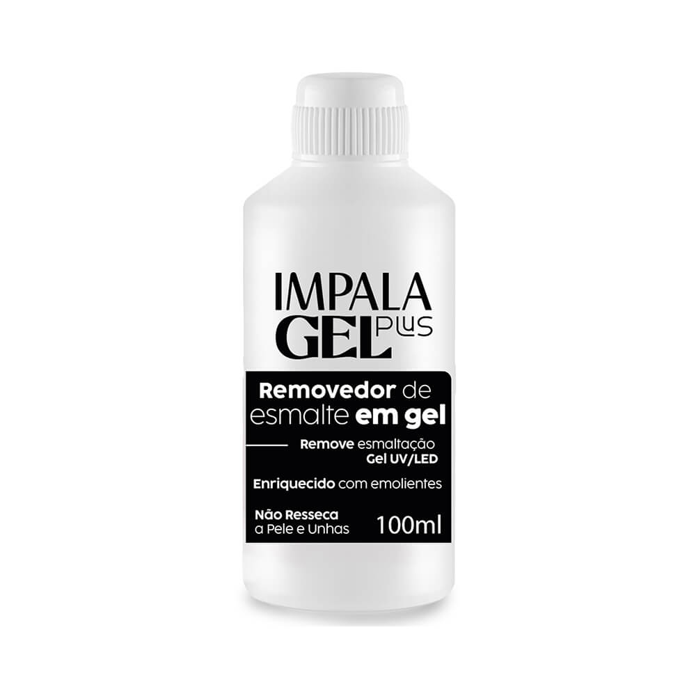Frasco frontal do Removedor de Esmalte Impala Gel Plus 100ml em fundo branco.