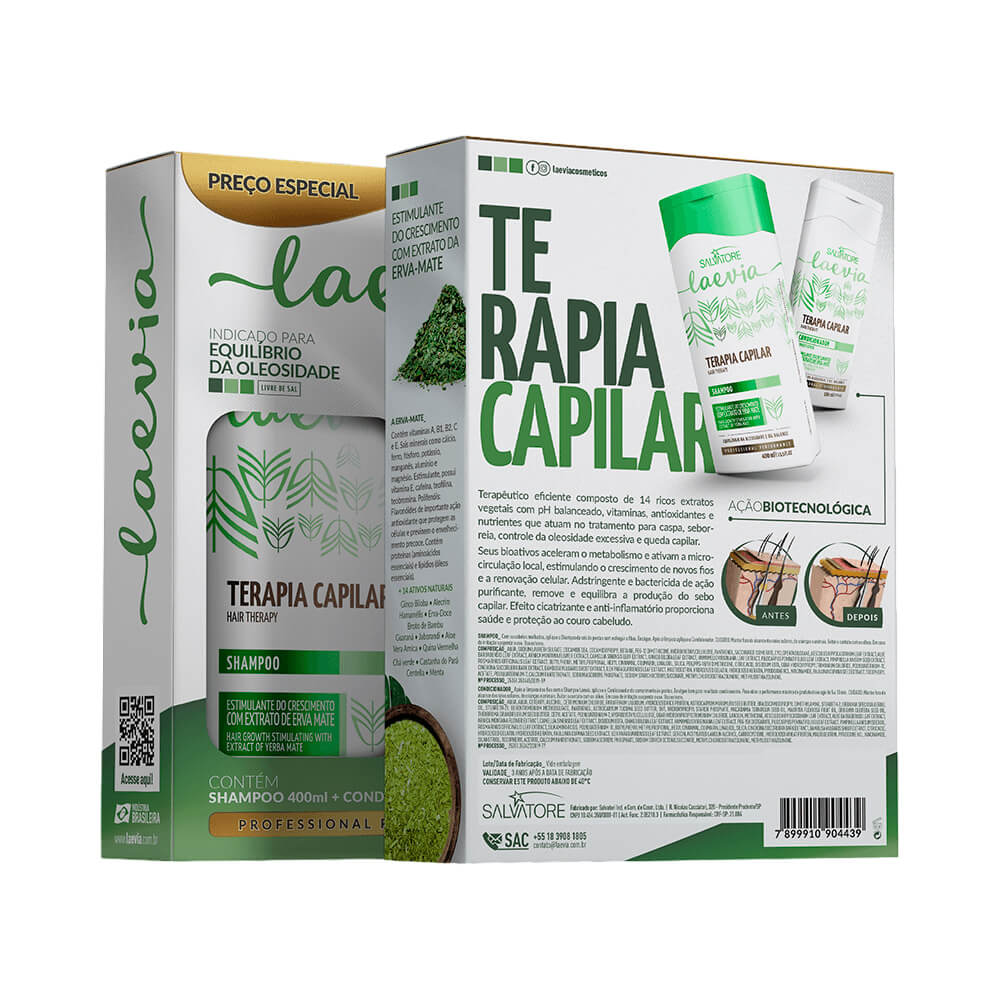 Vista traseira com informações e composição do kit Laevia Terapia Capilar
