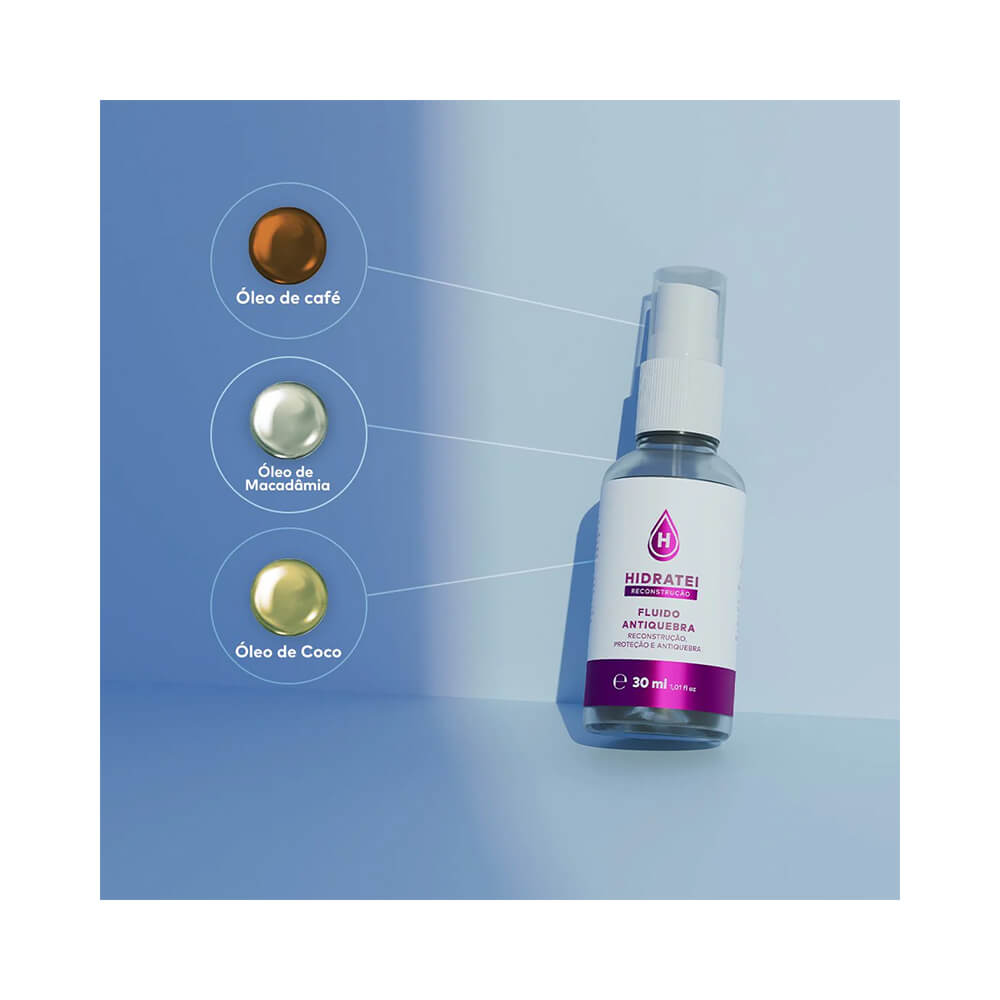 Fluido Antiquebra Hidratei 30ml com ilustrações dos óleos naturais presentes na fórmula