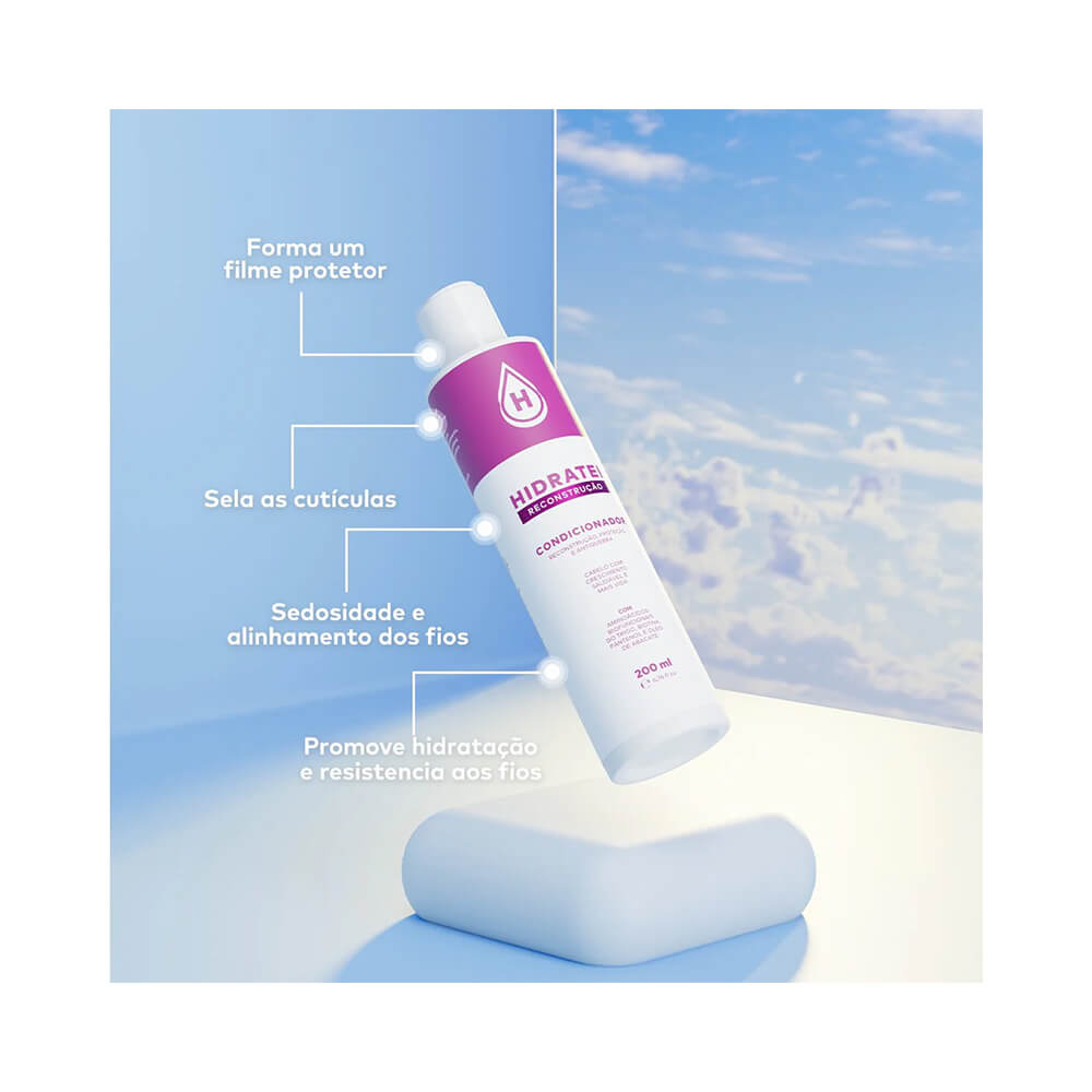 Frasco do Condicionador Hidratei Reconstrução 200ml com indicação de benefícios e tecnologia