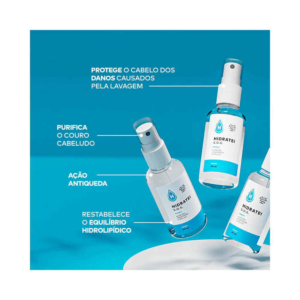 Três frascos do Sérum Capilar Hidratei S.O.S. com fundo azul vibrante