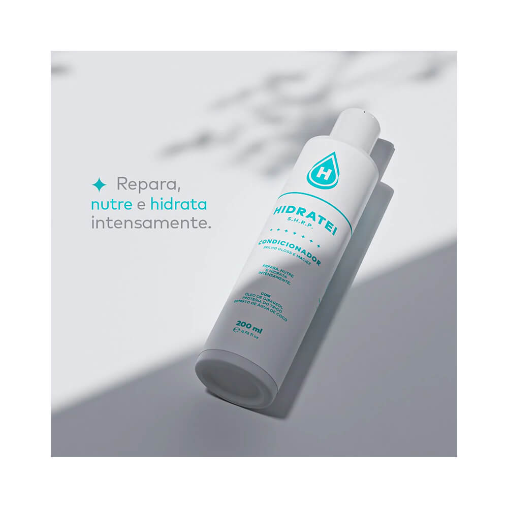 Frontal do condicionador Hidratei Gloss S.H.R.P. 200ml mostrando embalagem e rótulo