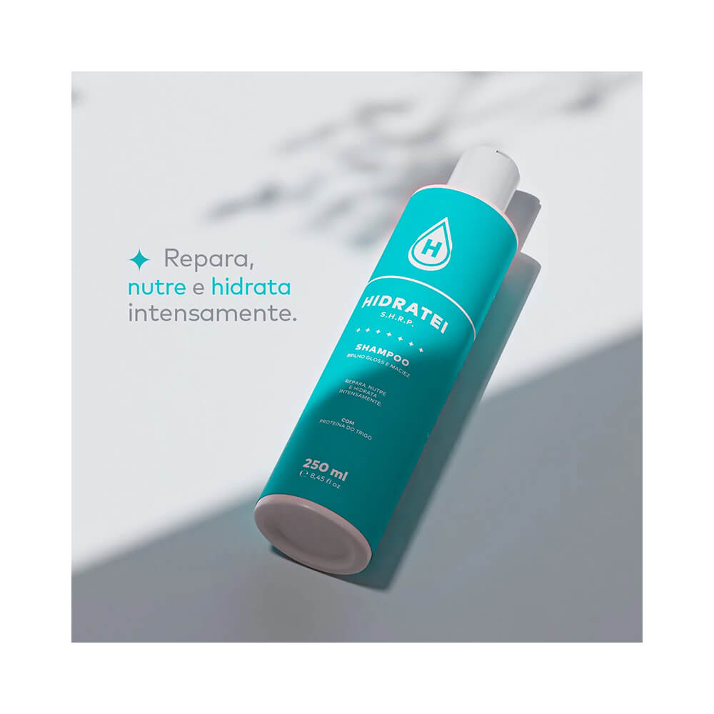 Shampoo Hidratei Gloss SHRP 250ml deitado destacando benefícios
