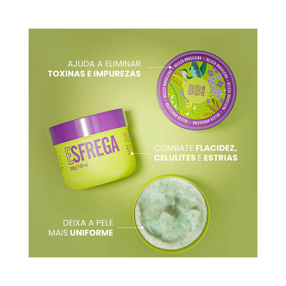 Frasco aberto mostrando creme esfoliante com microesferas azuis e embalagem colorida