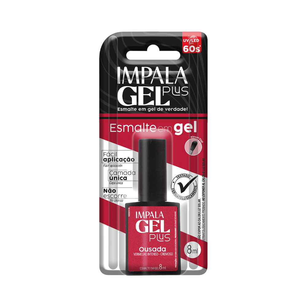Embalagem do esmalte Impala Gel Plus Ousada com indicação de secagem UV/LED