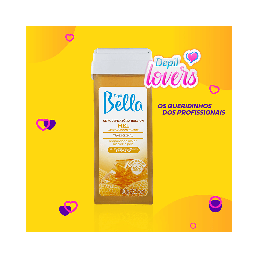 Cera Depil Bella Roll-on Mel 100g - destaque da embalagem e textura