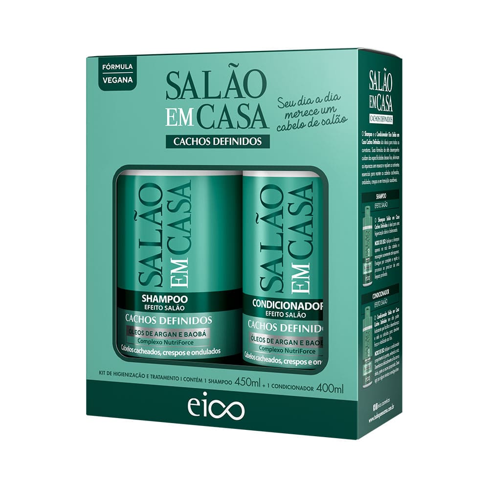 Kit Eico Salão Em Casa Cachos Definidos - caixa com shampoo e condicionador verde-turquesa