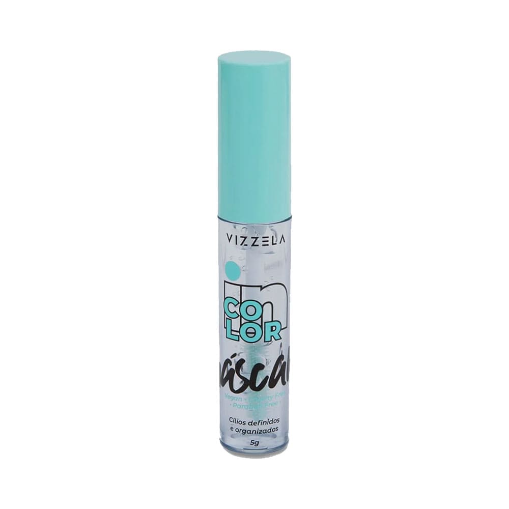 Máscara de Cílios Vizzela Incolor 5g fechada, tubo transparente com tampa azul clara
