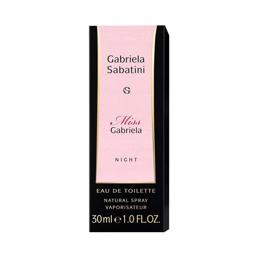 Caixa do Perfume Miss Gabriela Sabatini Night 30ml com detalhes em rosa e dourado