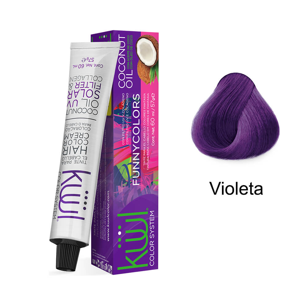 Embalagem e amostra da cor violeta mostrando a tonalidade intensa da coloração Kiwi Funny Colors