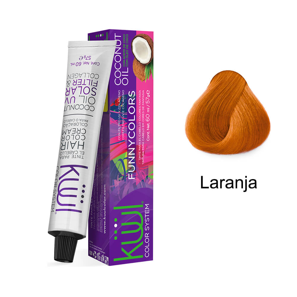 Tubo e embalagem Kiwi Funny Colors Laranja com mecha demonstrativa da cor