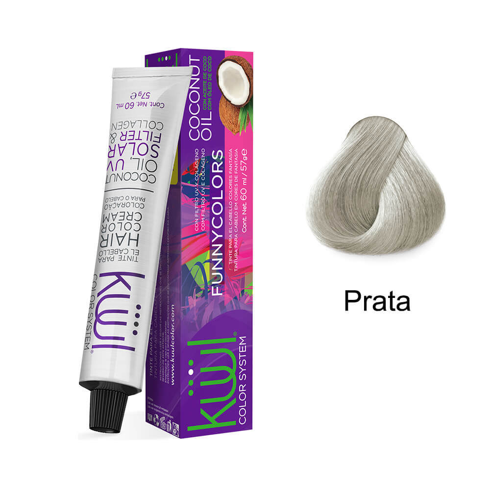 Tubo, embalagem e amostra de mecha na cor prata da coloração Kiwi Funny Colors