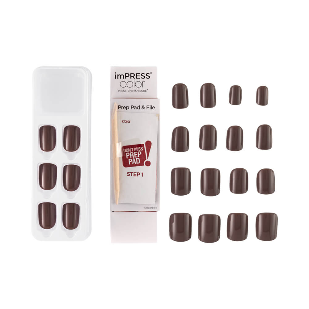 Conteúdo do kit unhas postiças Kiss New York imPRESS Color Try Gray com blister, lenço preparador e palito