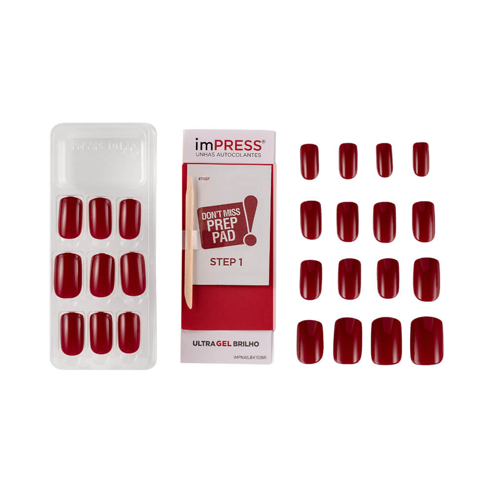 Duas unhas postiças vermelhas brilhantes First Kiss em destaque