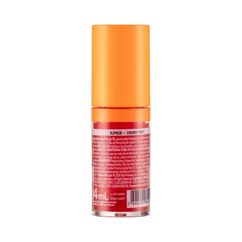 Vista traseira do frasco do Lip Oil Jelly Pop com rótulo e informações, mostrando volume de 4 mL