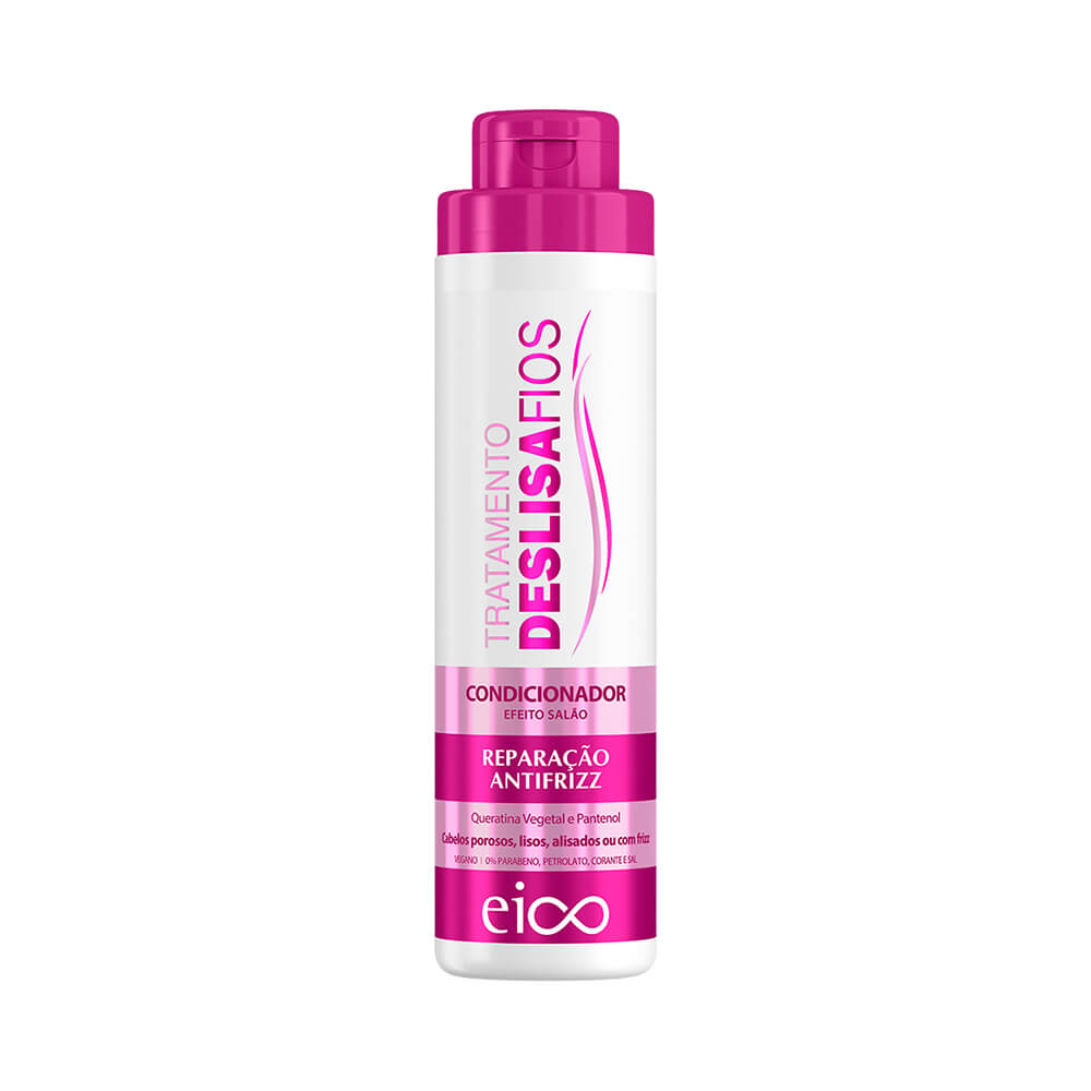 Frasco do Condicionador Eico Efeito Salão Deslisa Fios 800ml, rótulo rosa e branco