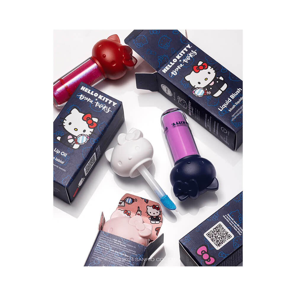 Batom Lip Oil Bruna Tavares Hello Kitty Gift com aplicador visível ao lado das caixas originais