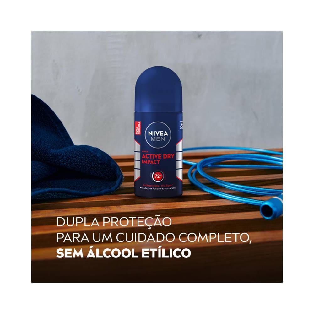 Desodorante NIVEA Dry Impact 50ml sobre bancada mostrando embalagem e tampa