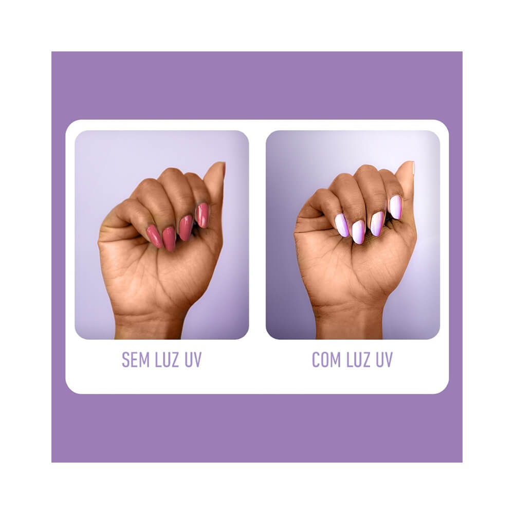 Comparativo do efeito sem e com luz UV mostrando o brilho neon do Top Coat Blant