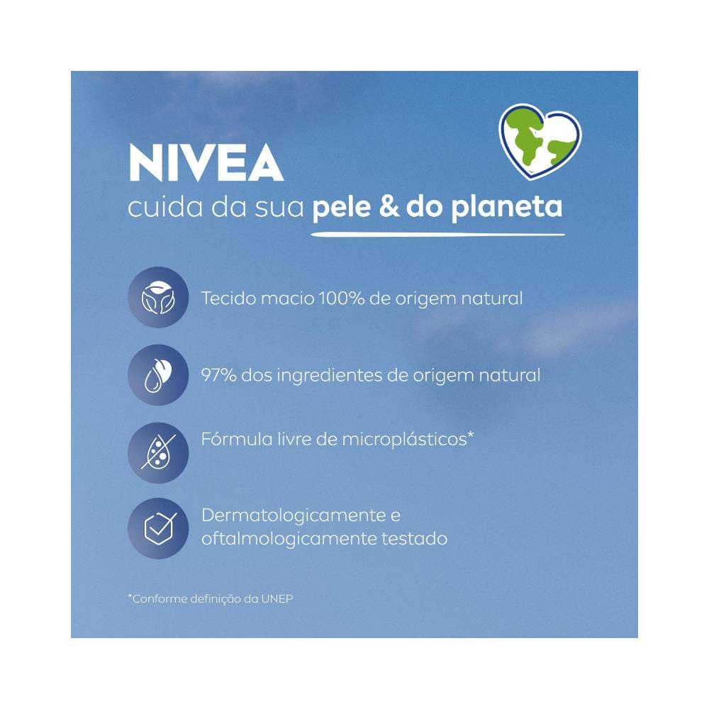 Detalhes técnicos dos lenços Nivea com ícones de ingredientes e certificações