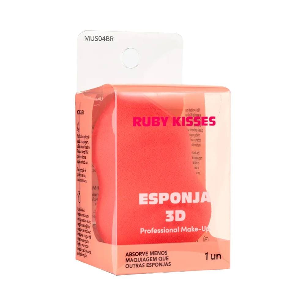 Embalagem da esponja Ruby Kisses 3D mostrando informações de produto e design