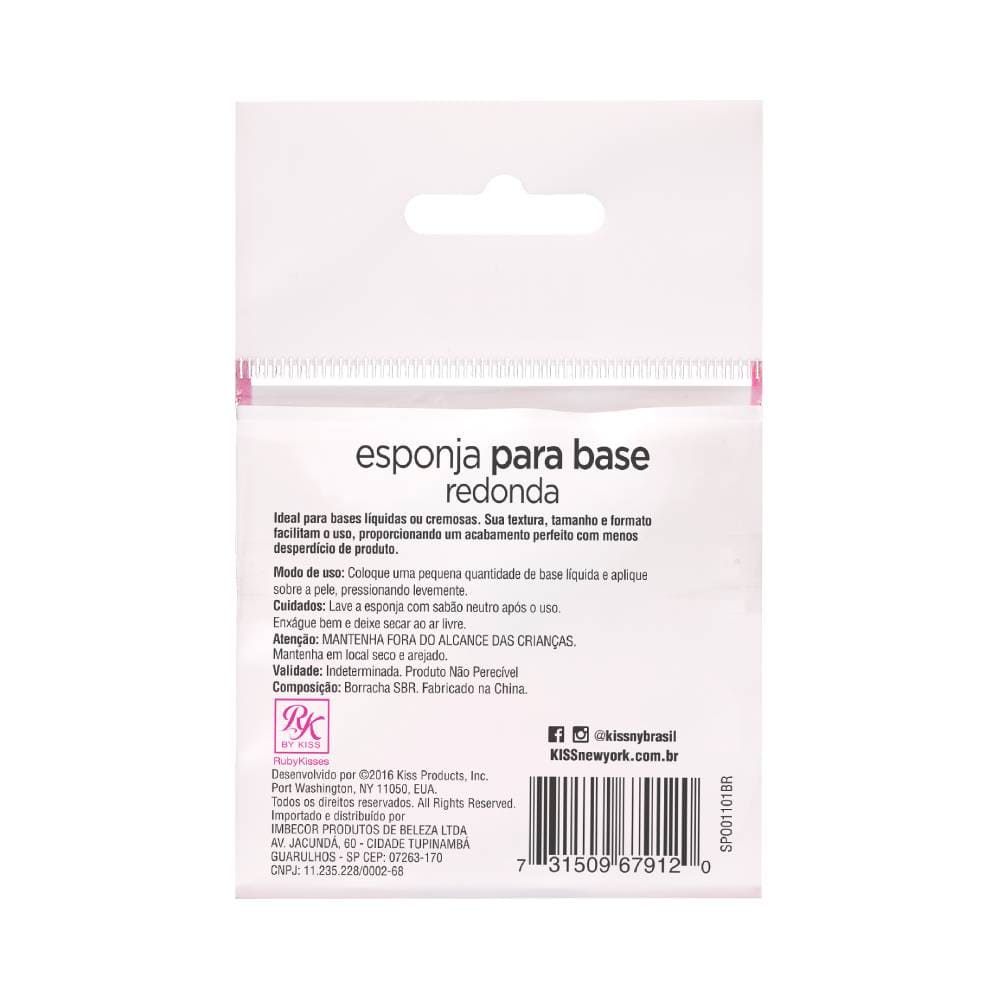 Verso da embalagem da esponja Ruby Kisses com instruções e composição