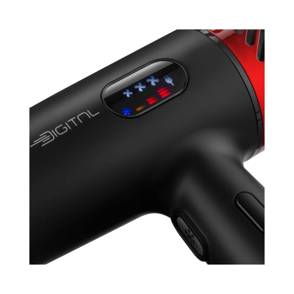 Close do display digital do Secador Taiff Turbe mostrando controles de temperatura e velocidade