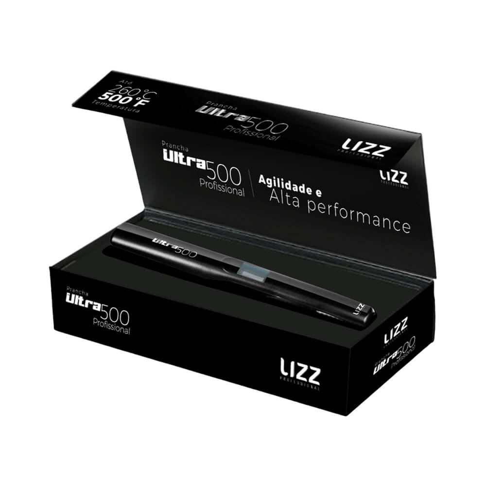 Chapa Lizz Ultra 500 na embalagem mostrando visor digital
