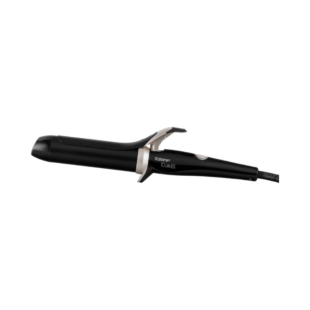 Modelador Taiff Curves 38mm visto de lado com clip aberto e acabamento preto/dourado