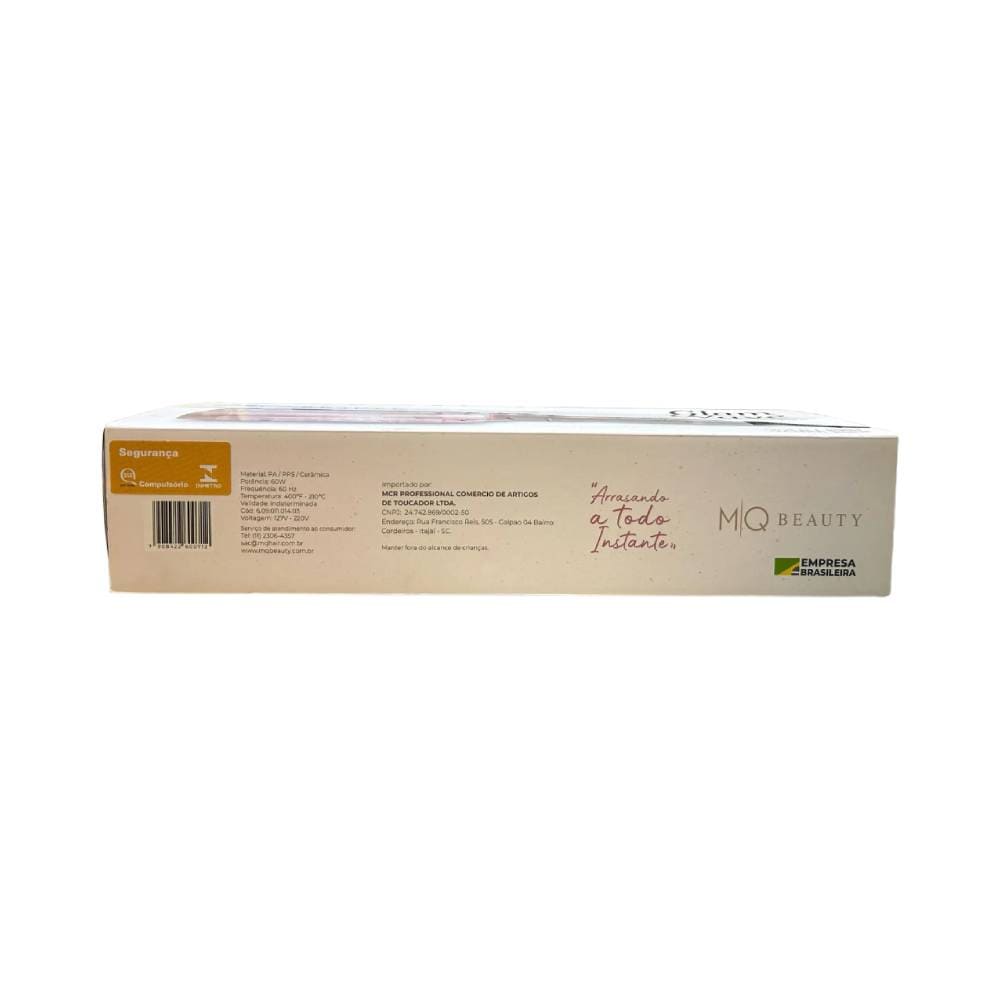 Lateral da embalagem com especificações técnicas do Modelador MQ Beauty Triondas Glam Wave