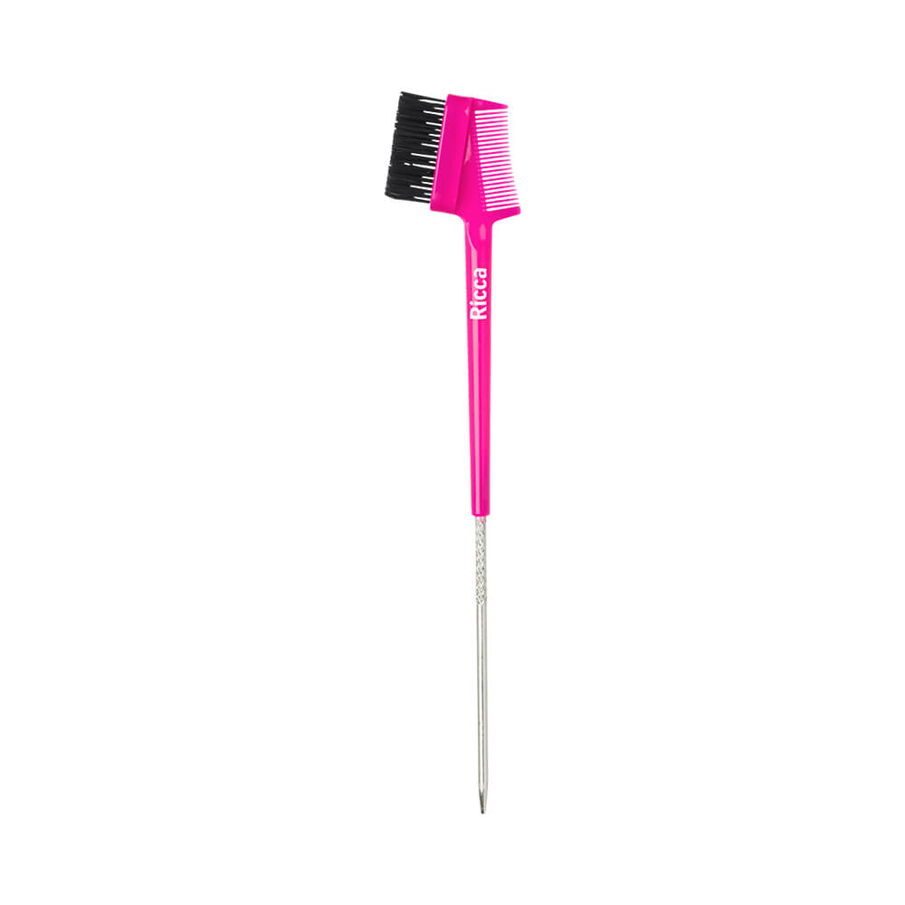 Pente Ricca Baby Hair rosa, formato fino com cabo pontiagudo e combinação de escova e pente fino