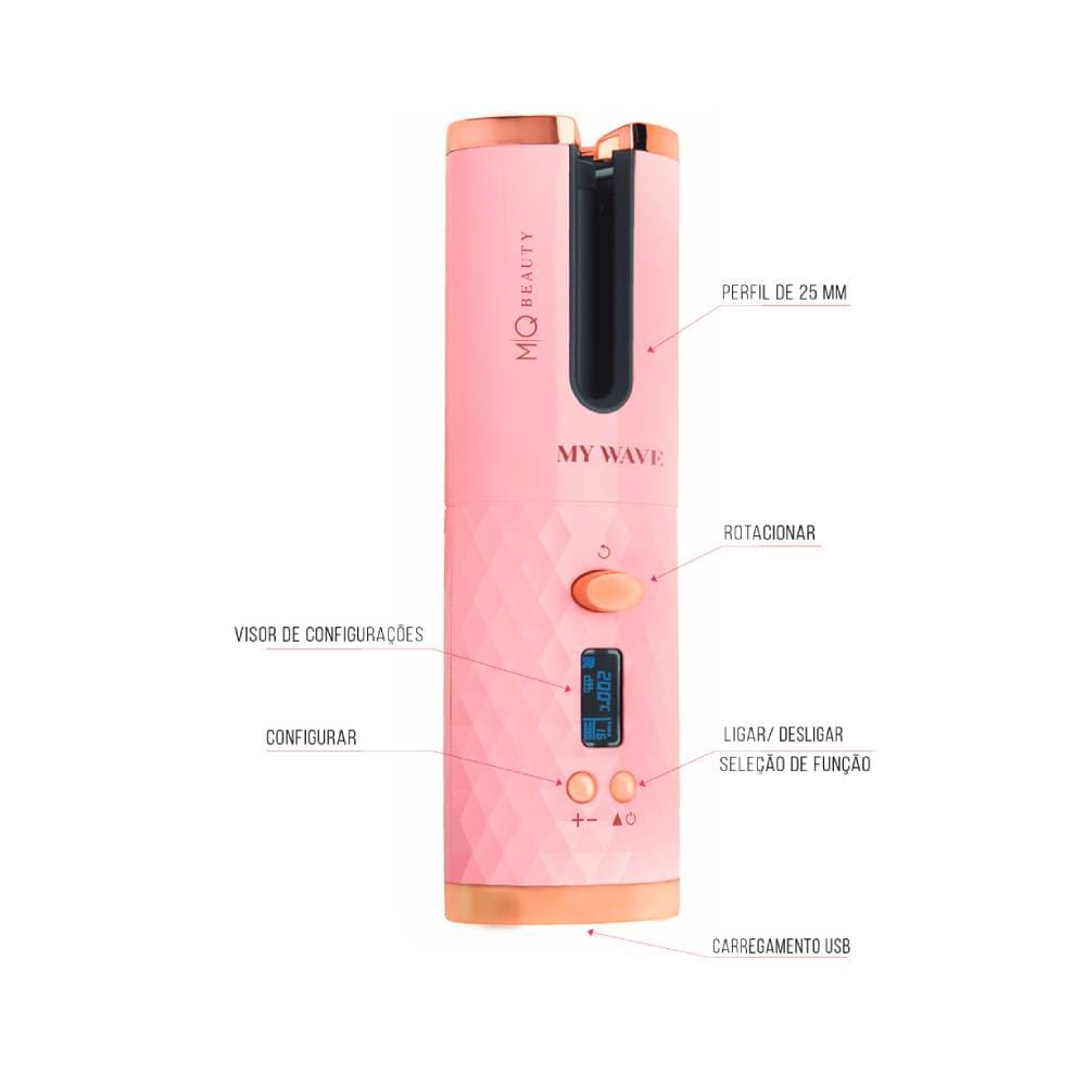 Close do Modelador MQ Beauty My Wave com visor digital mostrando 200°C e botões de controle