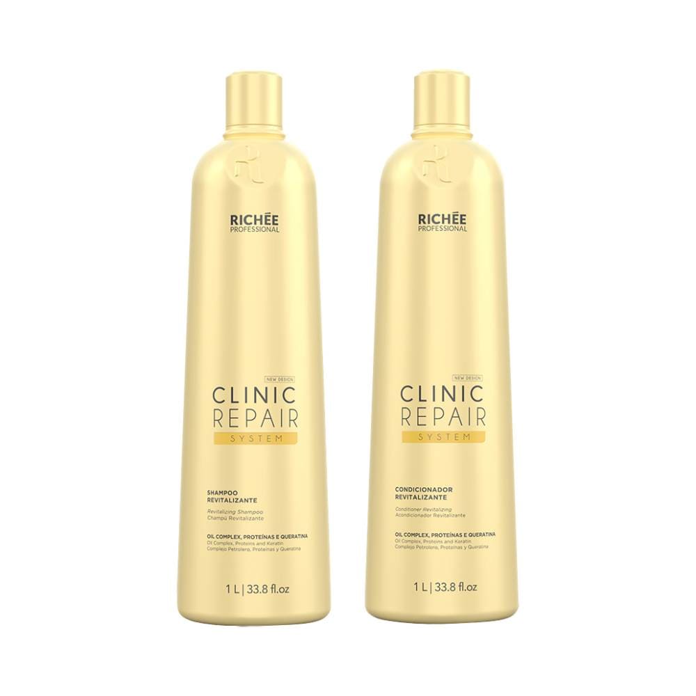 Kit Richée Clinic Repair Shampoo e Condicionador 1L - frontal, embalagens douradas