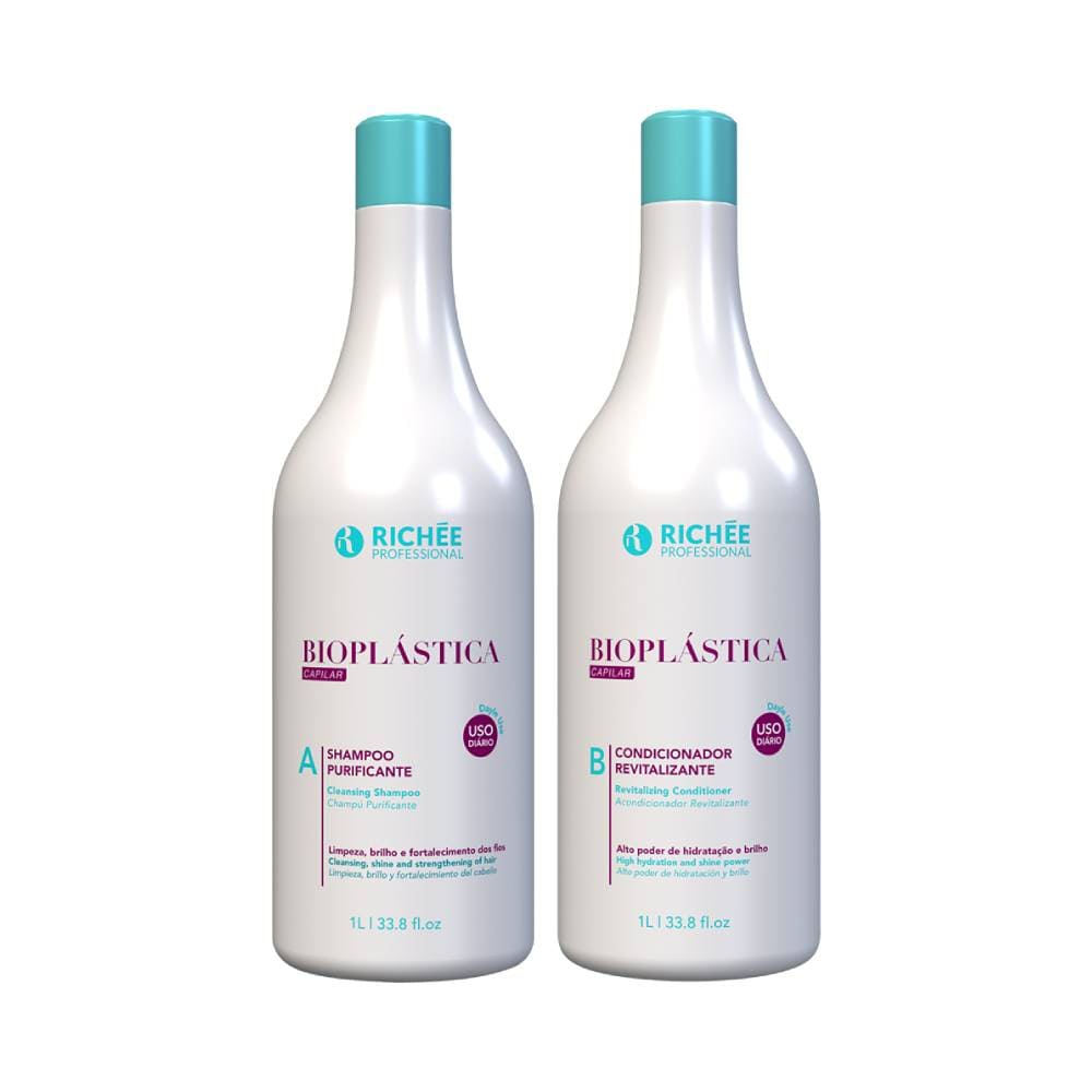 Kit Richée Bioplástica Shampoo e Condicionador 1000ml - embalagens brancas com detalhes em azul