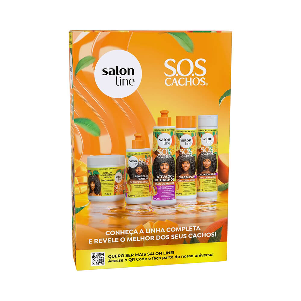 Imagem mostrando a família de produtos para cuidado intenso dos cachos com óleo de manga