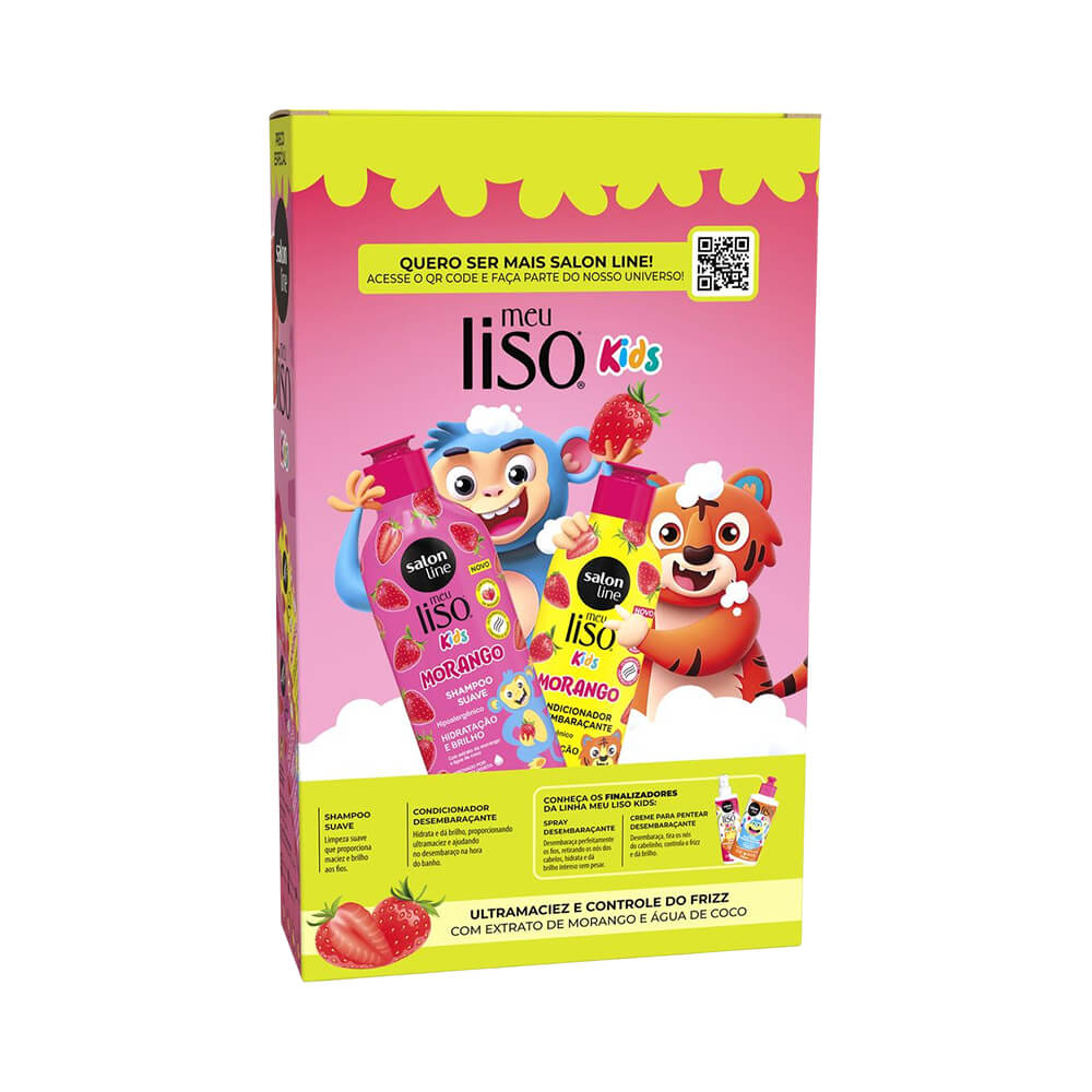 Verso da embalagem com informações sobre ingredientes e benefícios do kit Meu Liso Kids Morango