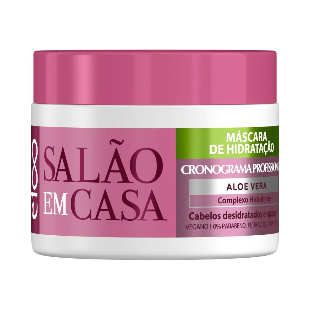 Máscara Capilar Eico Hidratação Salão em Casa 270g - frasco branco com rótulo rosa e detalhes verdes