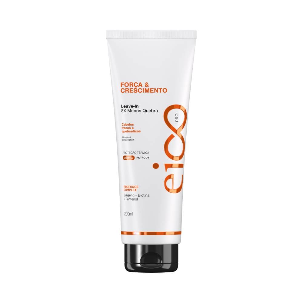Leave-in Eico Professional Força & Crescimento 200ml - frente do tubo branco com rótulo laranja