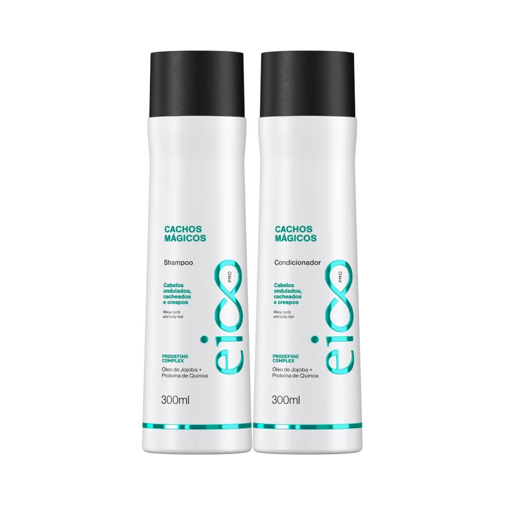 Kit Eico Professional Cachos Mágicos com shampoo e condicionador 300ml, frascos brancos com detalhes verdes