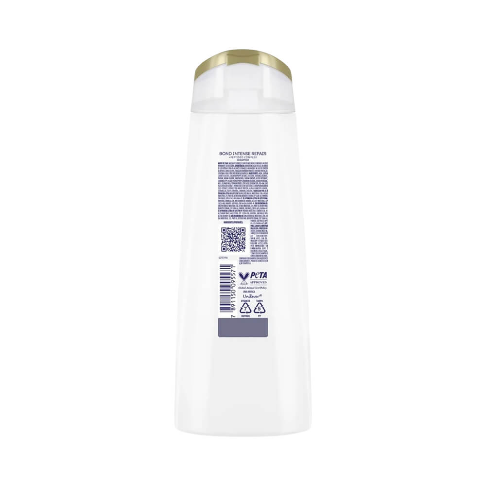 Verso do frasco do Shampoo Dove Bond Intense Repair 175ml com rótulo técnico e selo PETA