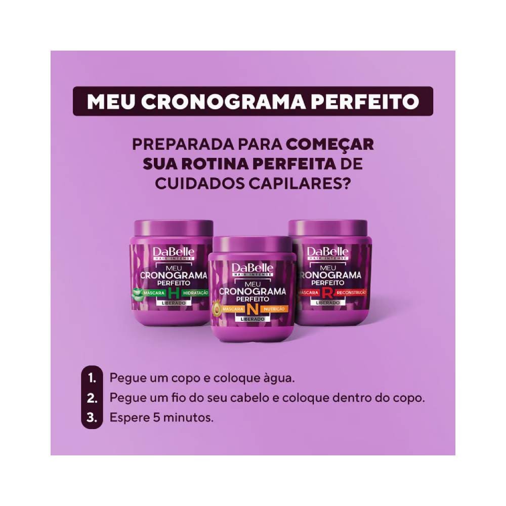 Três potes DaBelle Hair Intense Meu Cronograma Perfeito com fundo lilás e instruções rápidas sobre cronograma capilar